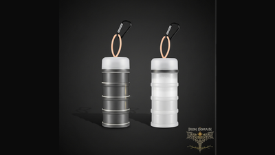 Stackable protein powder dispenser containers with funnels and keychain for travel and gym use