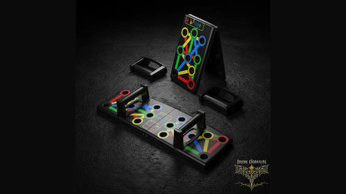 Adjustable push-up board showing multiple hand placements for chest shoulders triceps and back exercises