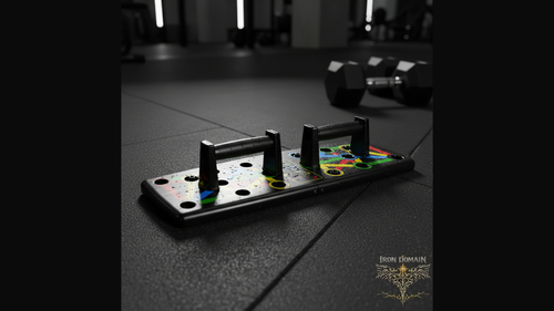 Foldable push-up board with color-coded positions and detachable handles for upper body home workouts