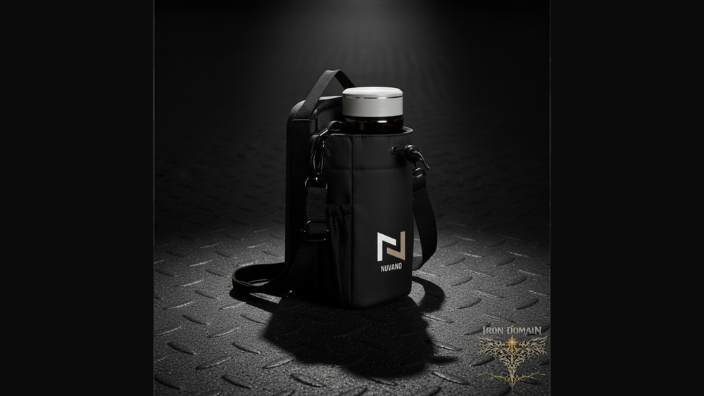 Magnetic gym bottle holder with storage pockets and strap for carrying water bottle and essentials